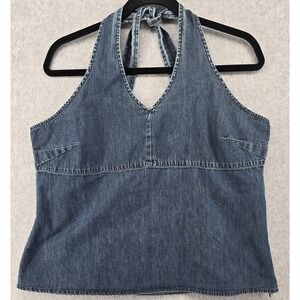 Vtg Y2K Old Navy Denim Halter Top Women XL Side Zip Hippie Indie Fitted Western